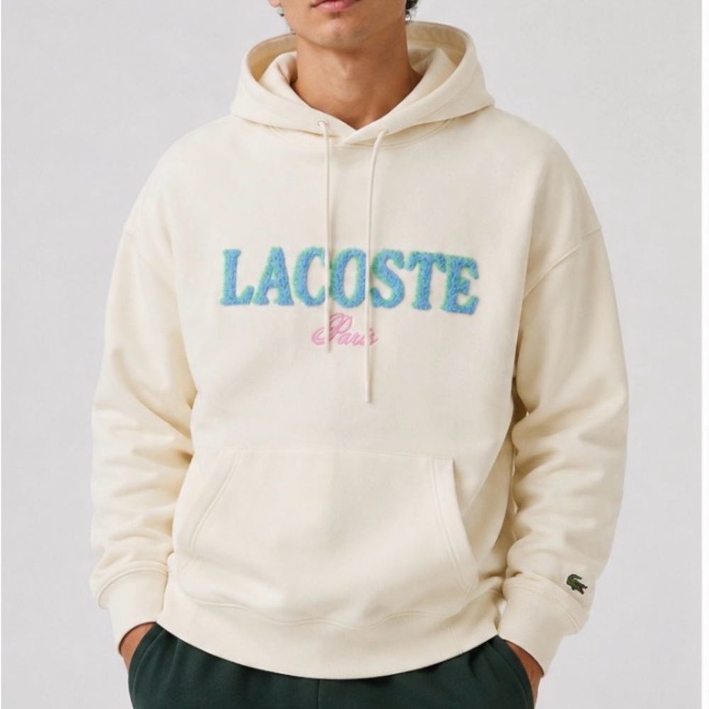 Lacoste Paris Fuzzy Logo Loose Fit Hoodie XL Cream White NWT SH5464 $200